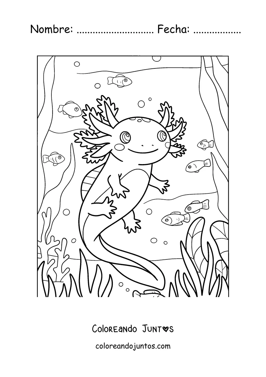 Imagen para colorear de un ajolote nadando entre pececitos y plantas