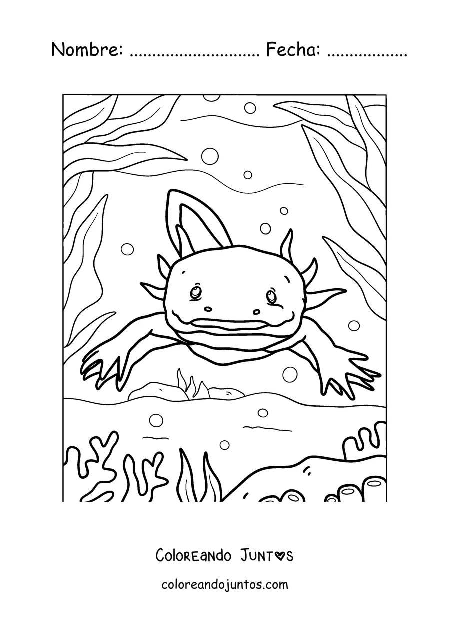 Imagen para colorear de un ajolote contento nadando entre algas