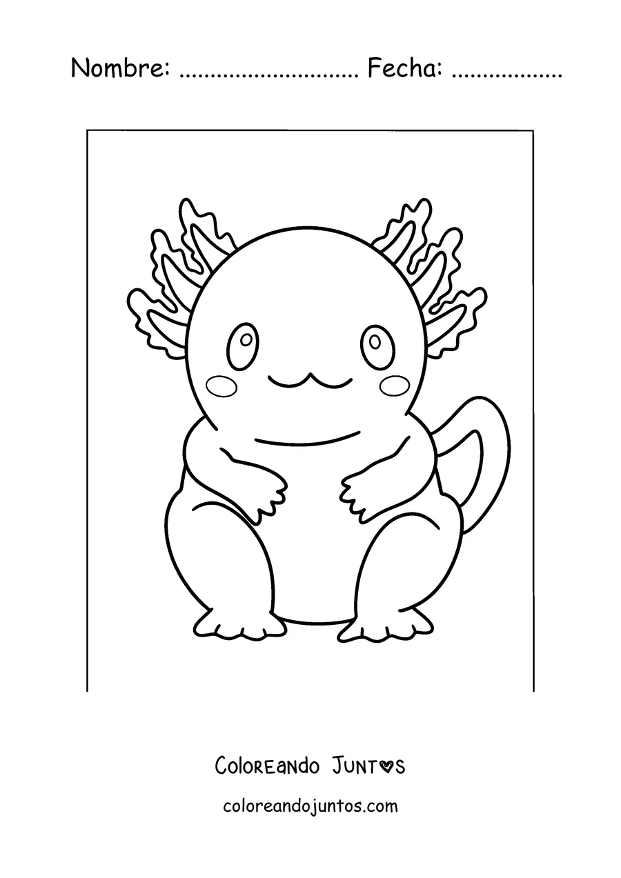Imagen para colorear de un ajolote regordete sentado y sonriendo