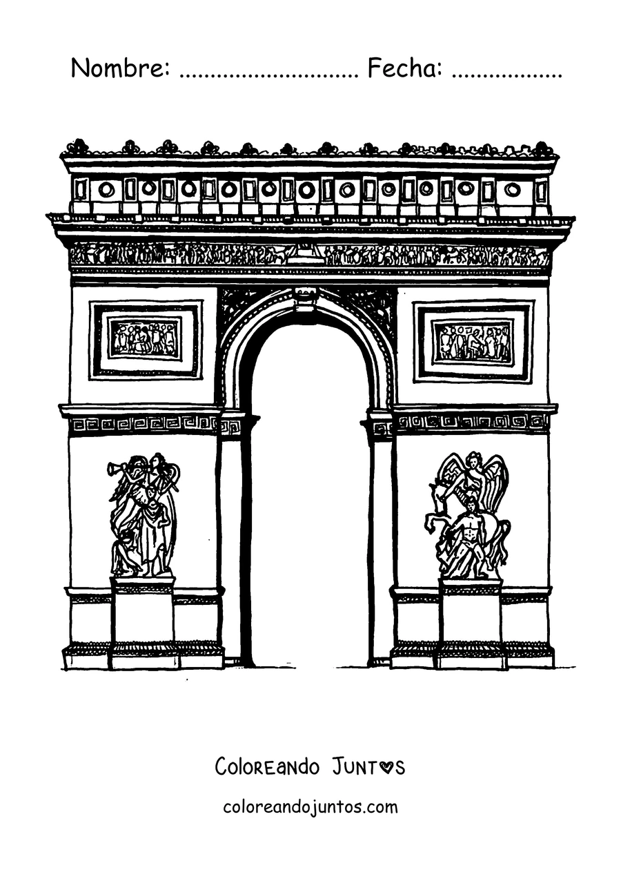 Imagen para colorear del Arco del Triunfo con columnas y jardines a los lados