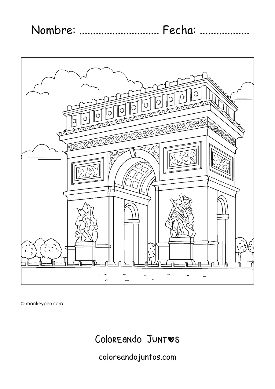 Imagen para colorear del Arco del Triunfo en perspectiva rodeado de jardines