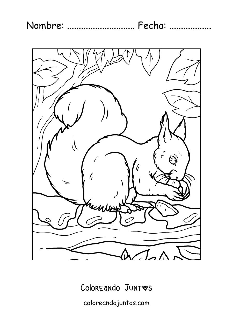 Imagen para colorear de una ardilla buscando nueces en el suelo