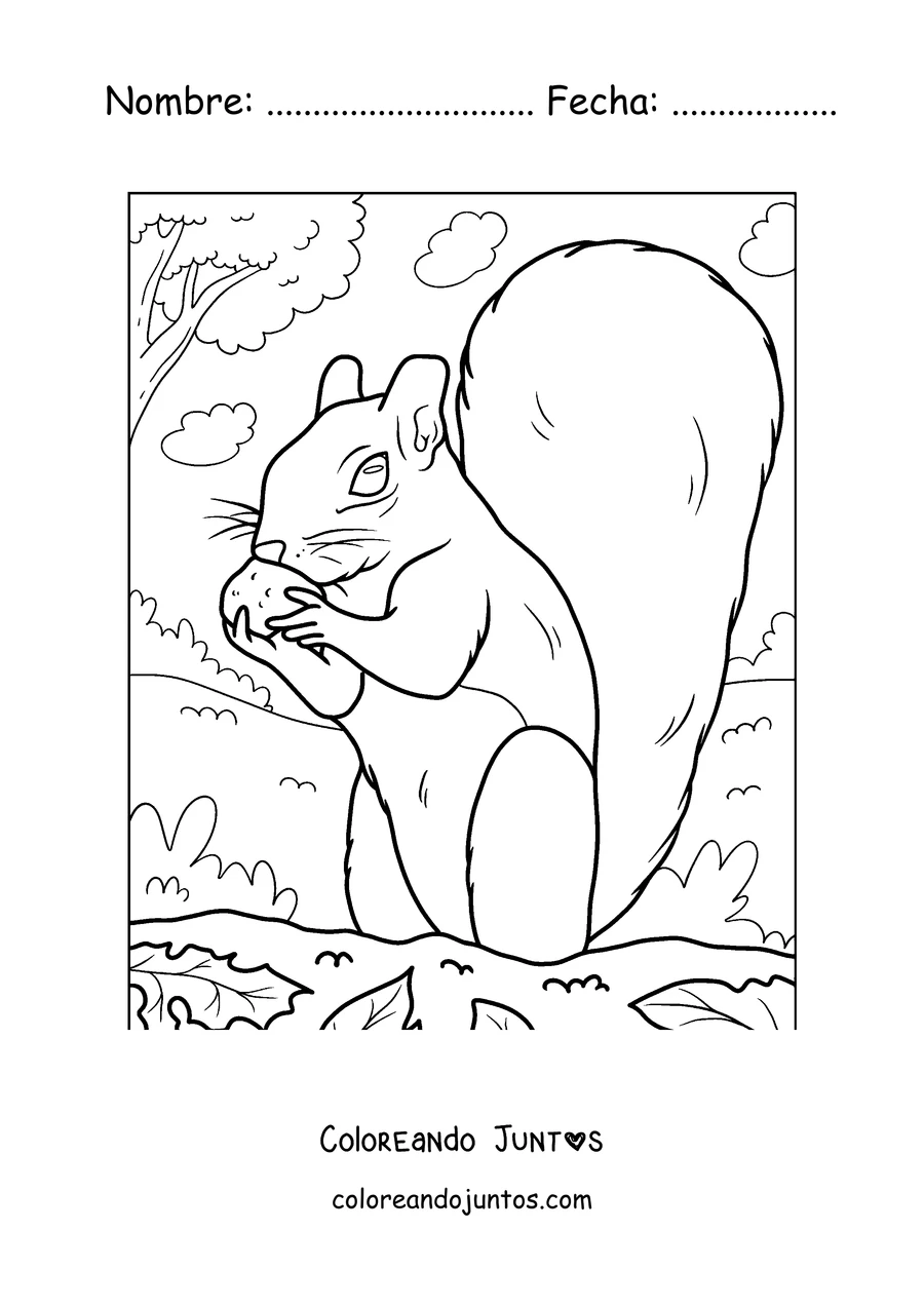 Imagen para colorear de una ardilla comiendo una nuez