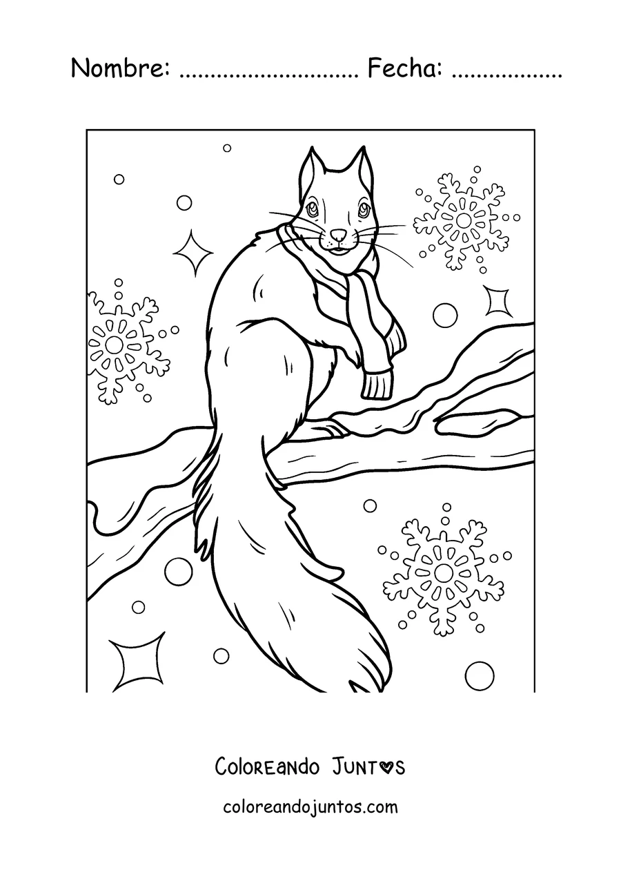 Imagen para colorear de una ardilla con bufanda sobre una rama nevada