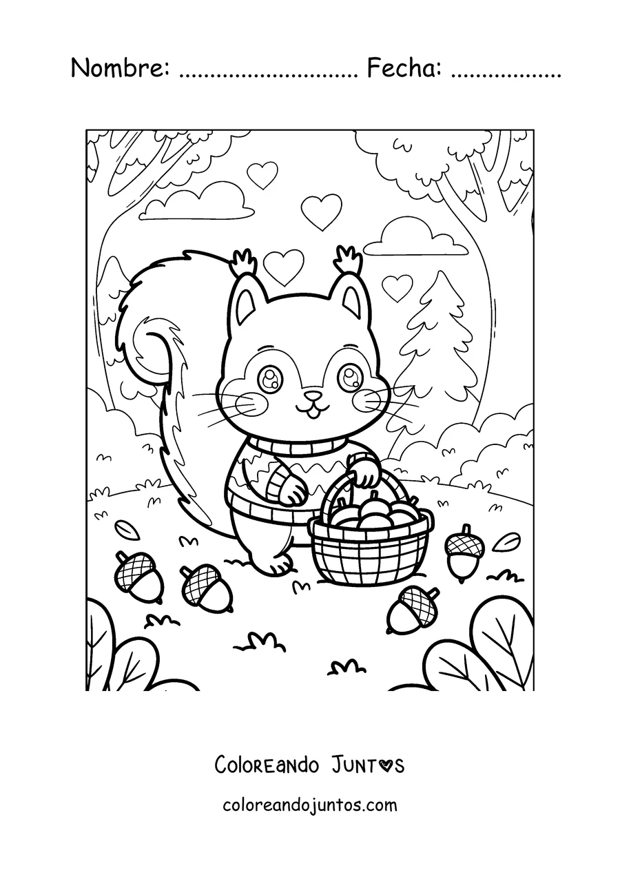 Imagen para colorear de una ardilla con un suéter y una canasta de bellotas