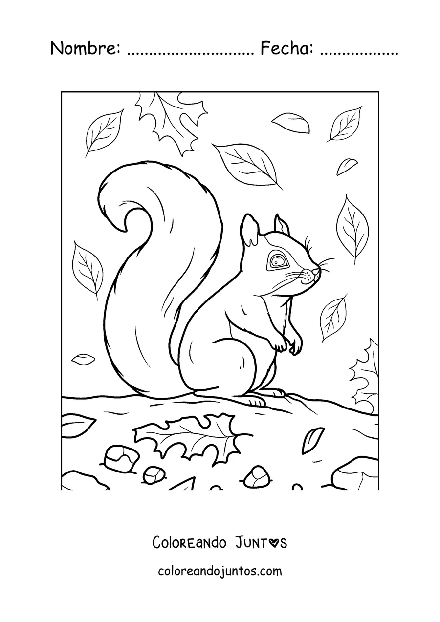 Imagen para colorear de una ardilla entre las hojas de otoño