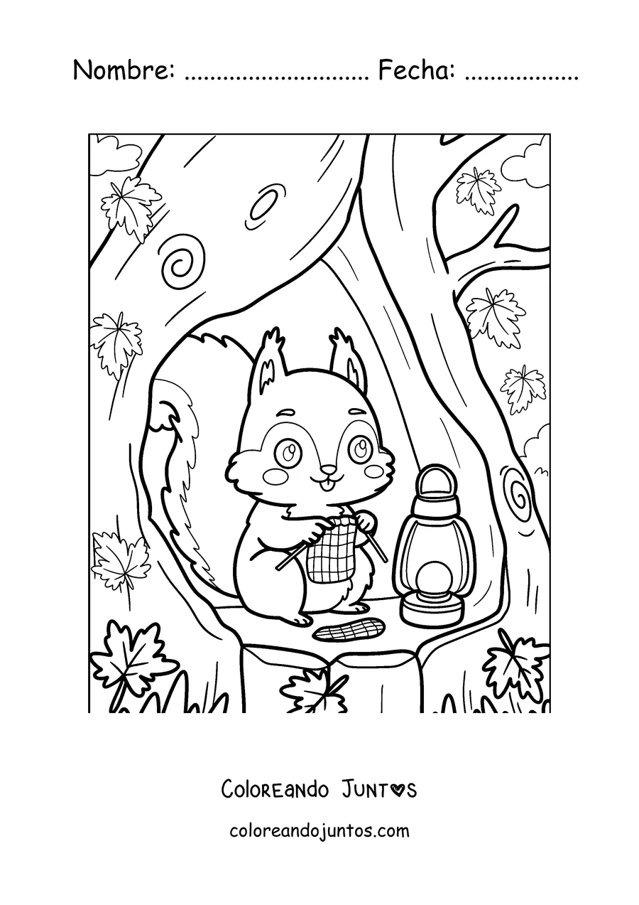 Imagen para colorear de una ardilla en el hueco de un árbol junto a un farol