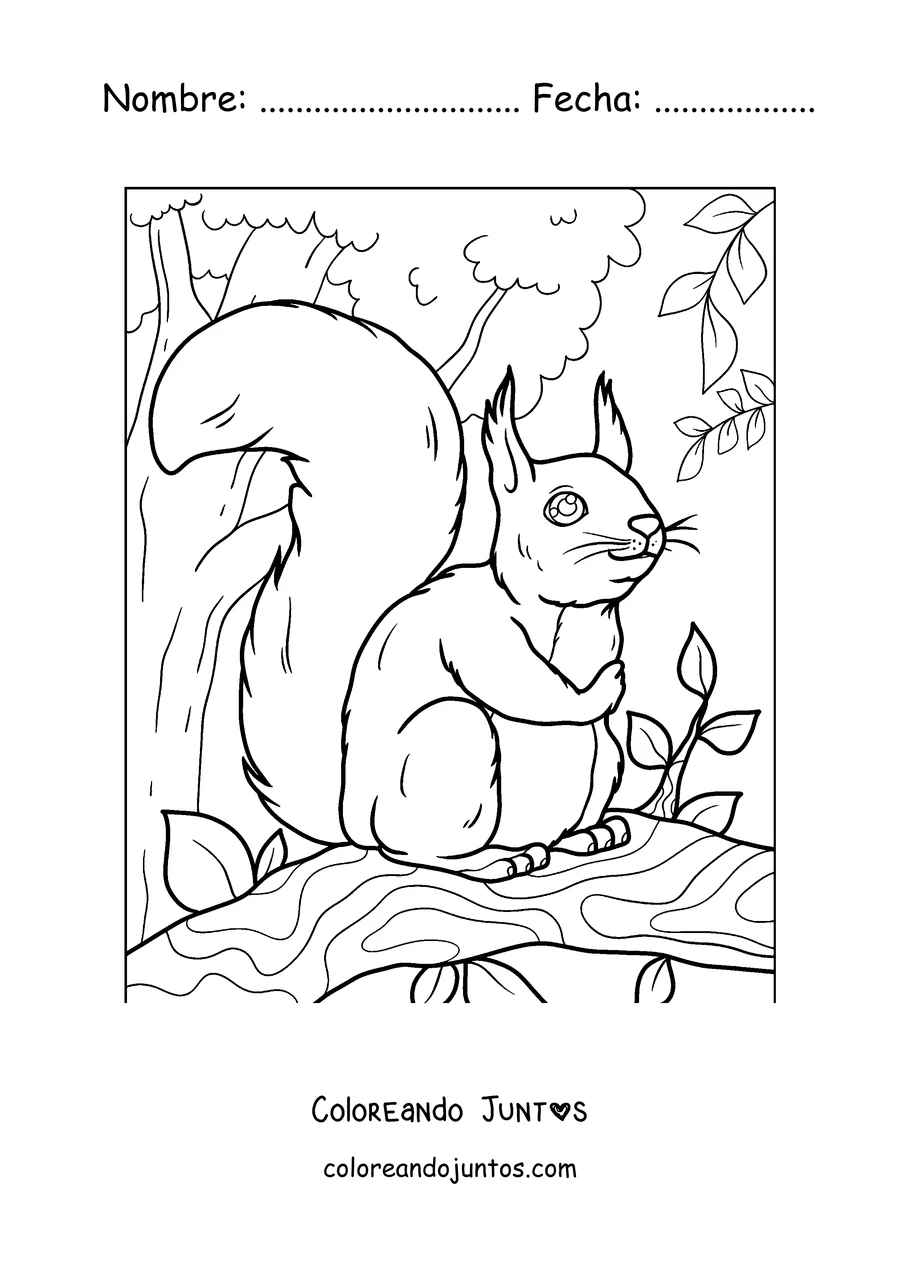 Imagen para colorear de una ardilla sonriente sentada en una rama