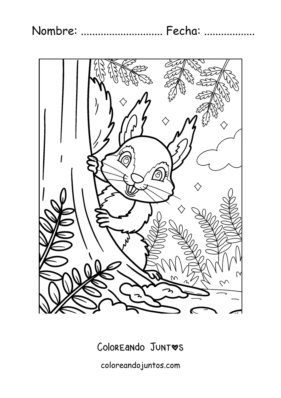 Imagen para colorear de una ardilla trepando el tronco de un árbol