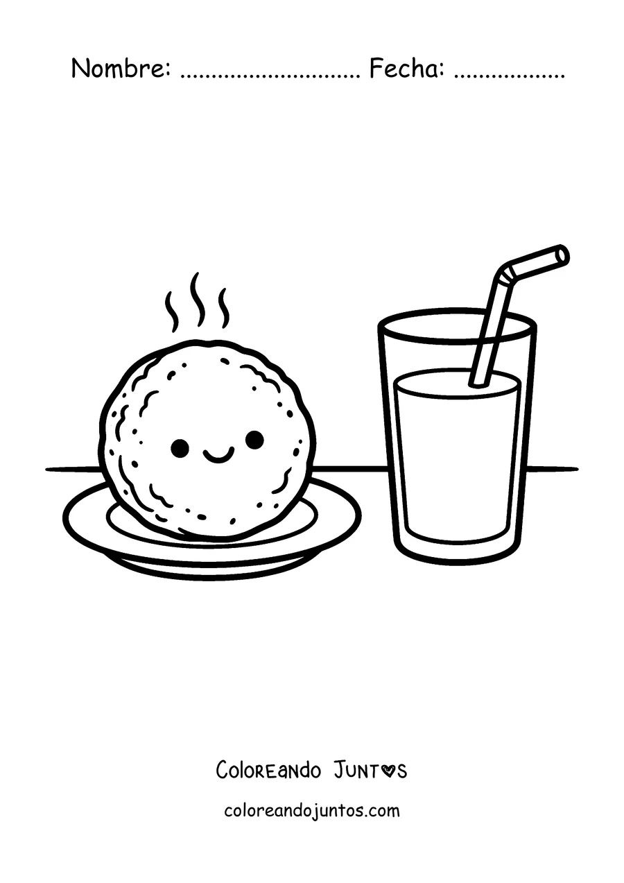 Imagen para colorear de una arepa con un vaso de jugo