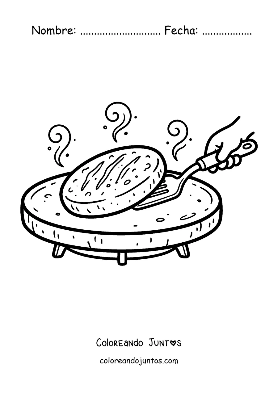 Imagen para colorear de una arepa cocinándose en el budare