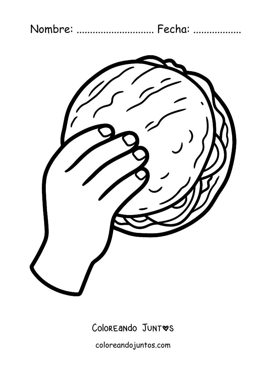 Imagen para colorear de una mano sosteniendo una arepa rellena