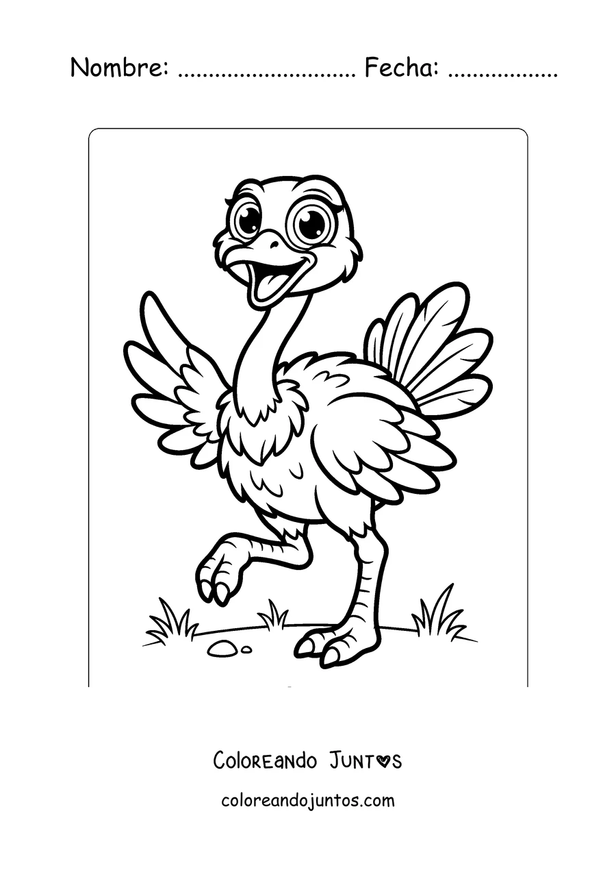 Imagen para colorear de una avestruz animada con las alas abiertas