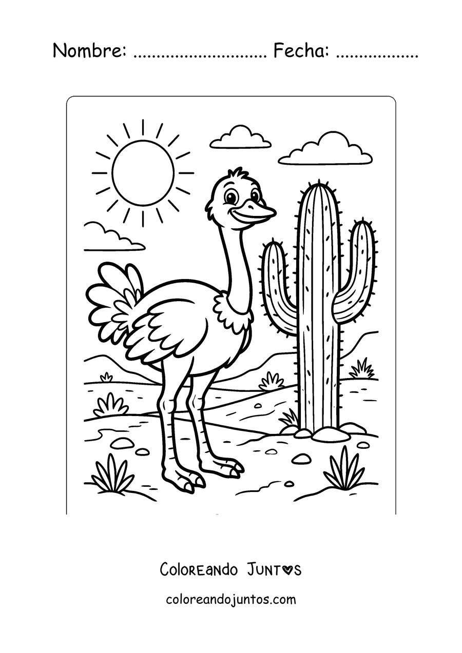 Imagen para colorear de una avestruz junto a un cactus en el desierto