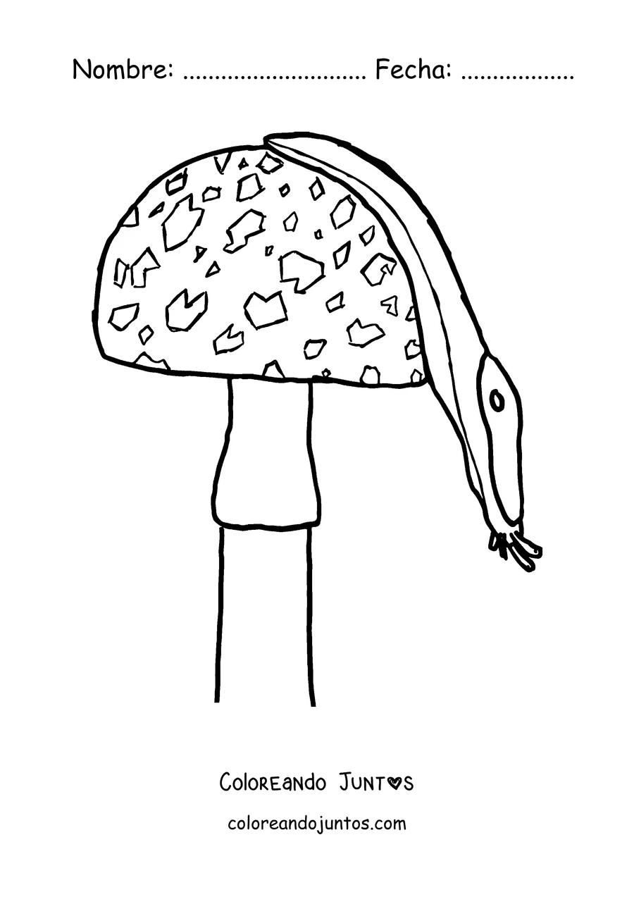 Imagen para colorear de una babosa trepada en un hongo con lunares