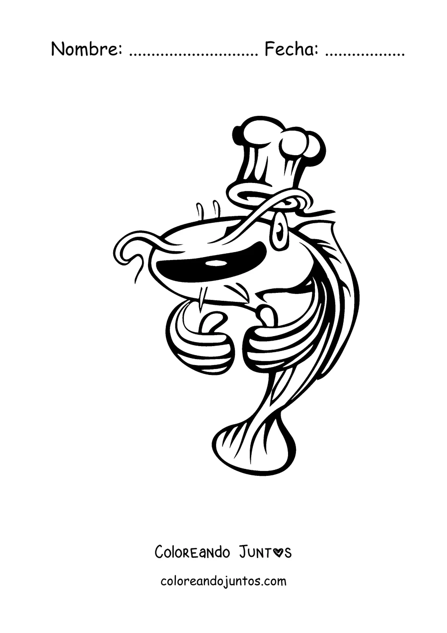 Imagen para colorear de un bagre cocinero con gorro de chef