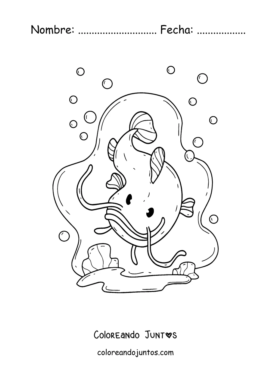 Imagen para colorear de un bagre tierno nadando entre burbujas