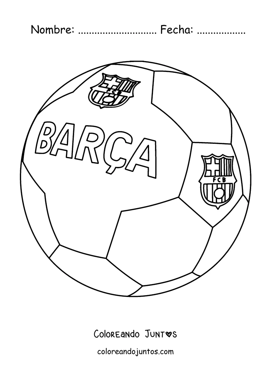 Imagen para colorear de un balón de fútbol con el nombre BARÇA y el escudo