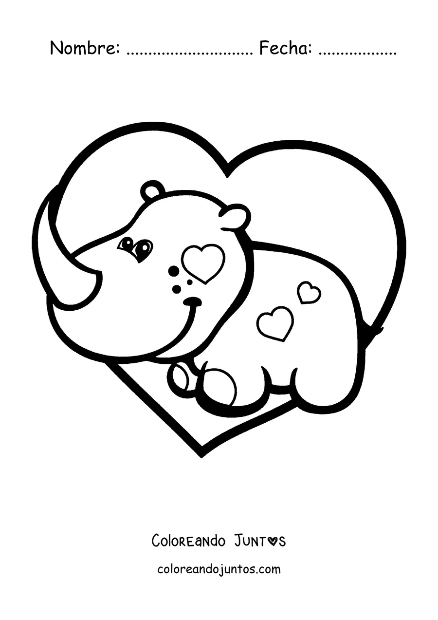 Imagen para colorear de un bebé rinoceronte dentro de un corazón