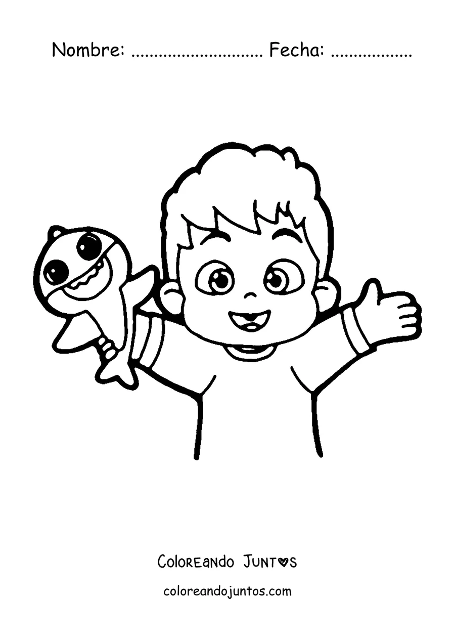 Imagen para colorear de Bebefinn saludando con un bebé tiburón de juguete