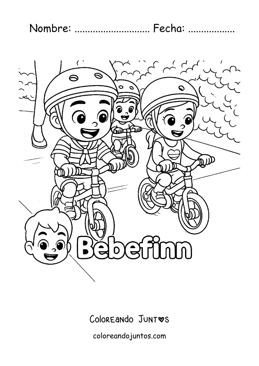 Imagen para colorear de la familia de Bebefinn paseando en bicicleta