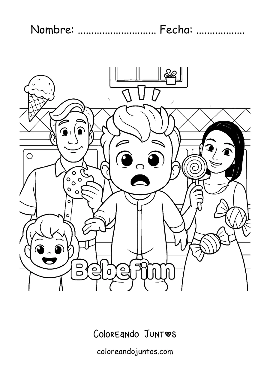 Imagen para colorear de Bebefinn y su familia con helados y golosinas