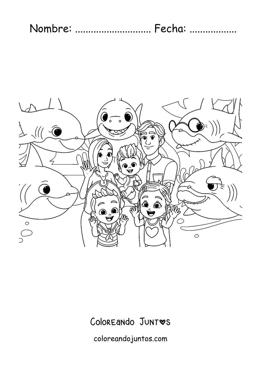Imagen para colorear de la familia de Bebefinn rodeada por la familia de tiburones