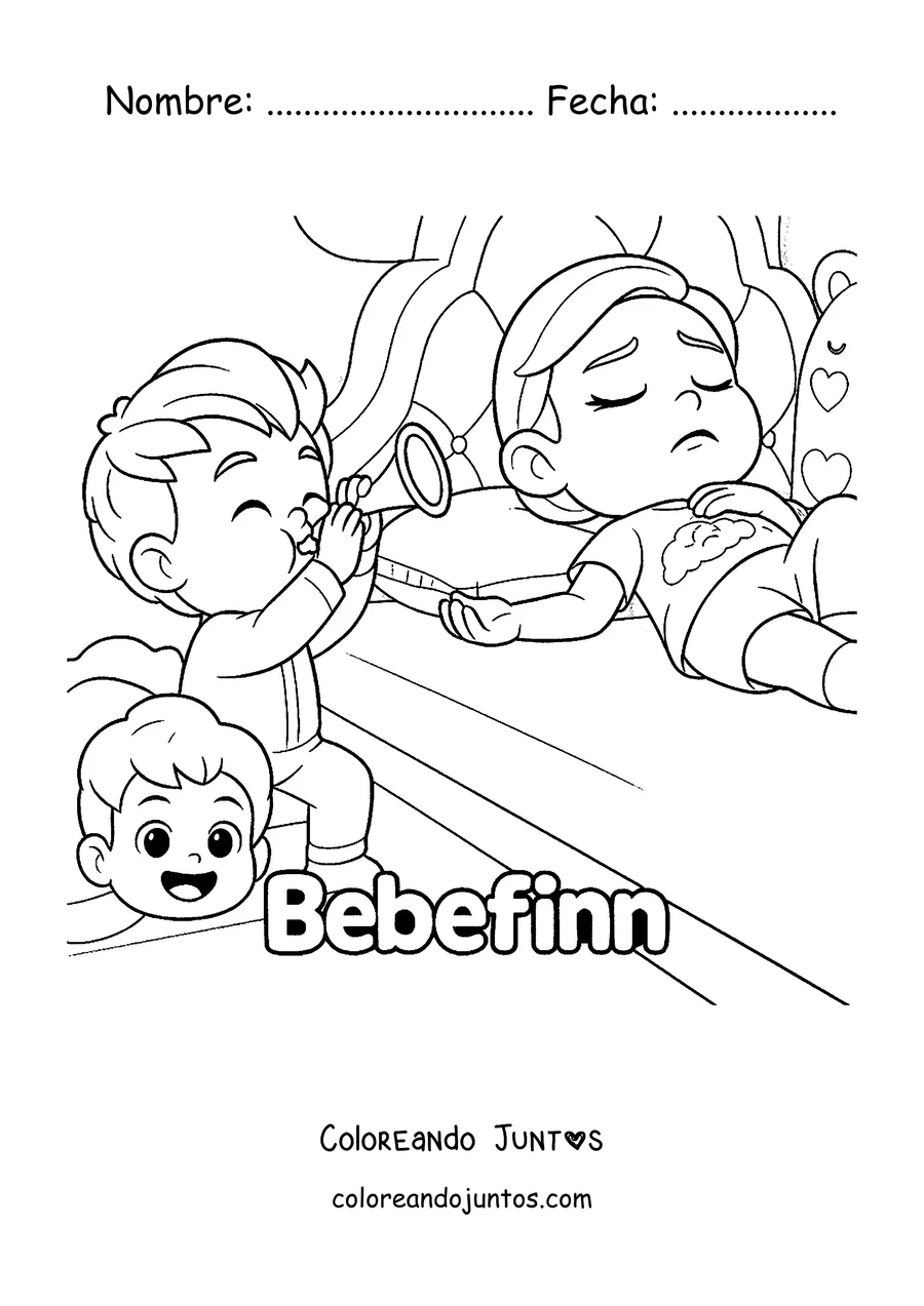 Imagen para colorear de los hermanos de Bebefinn jugando con una lupa mientras Finn los mira