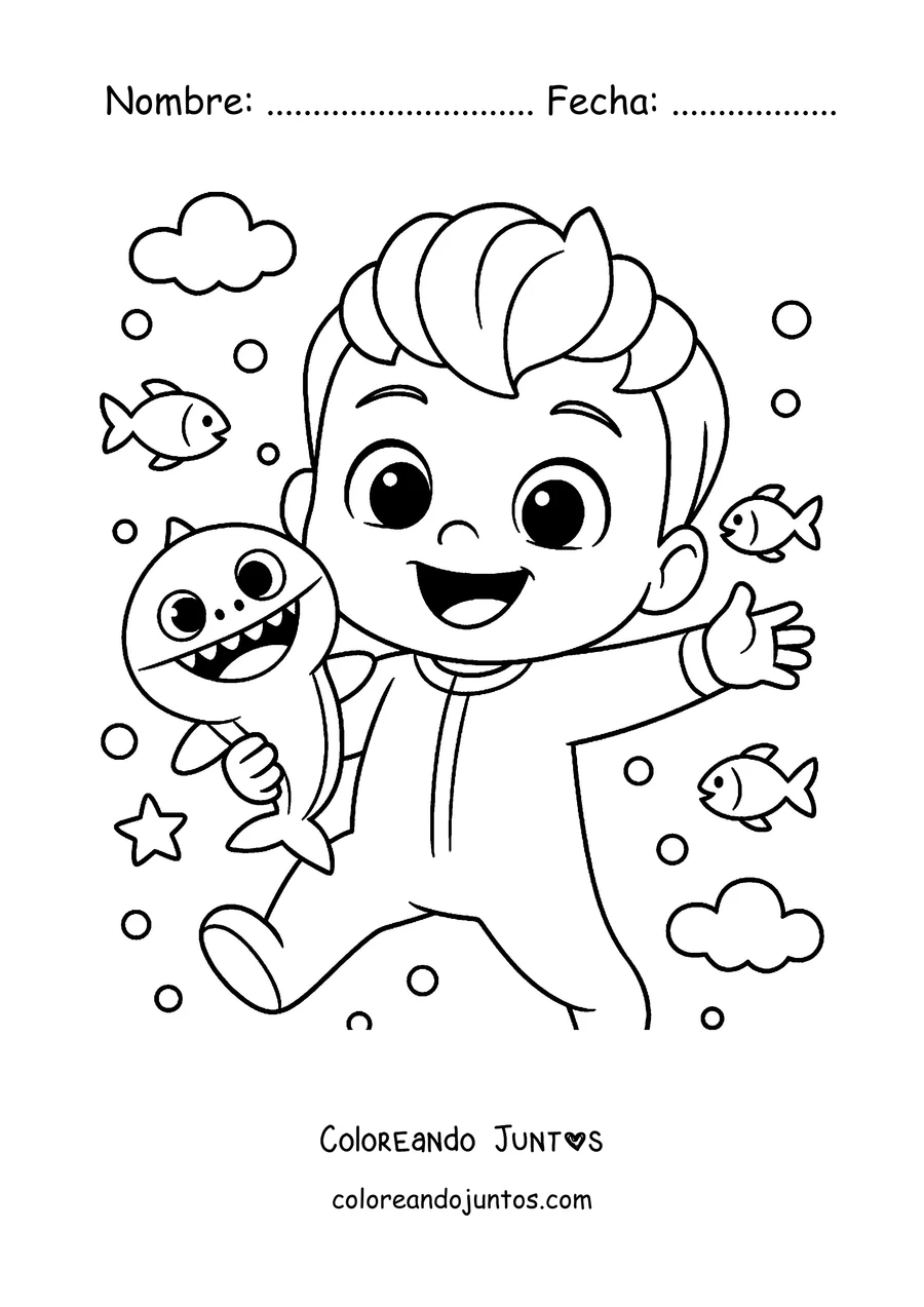Imagen para colorear de Bebefinn nadando entre peces y un bebé tiburón