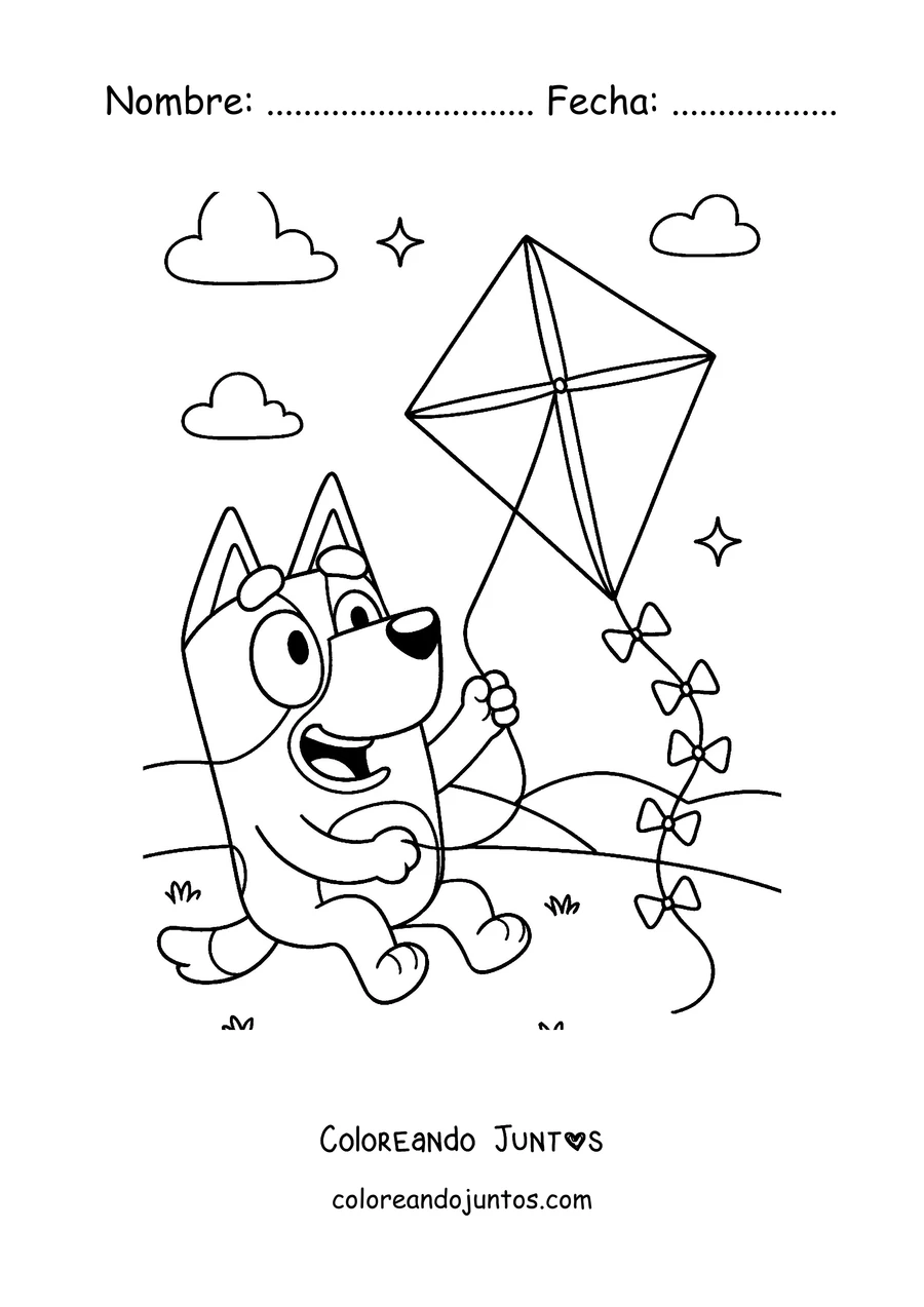 Imagen para colorear de Bluey remontando una cometa