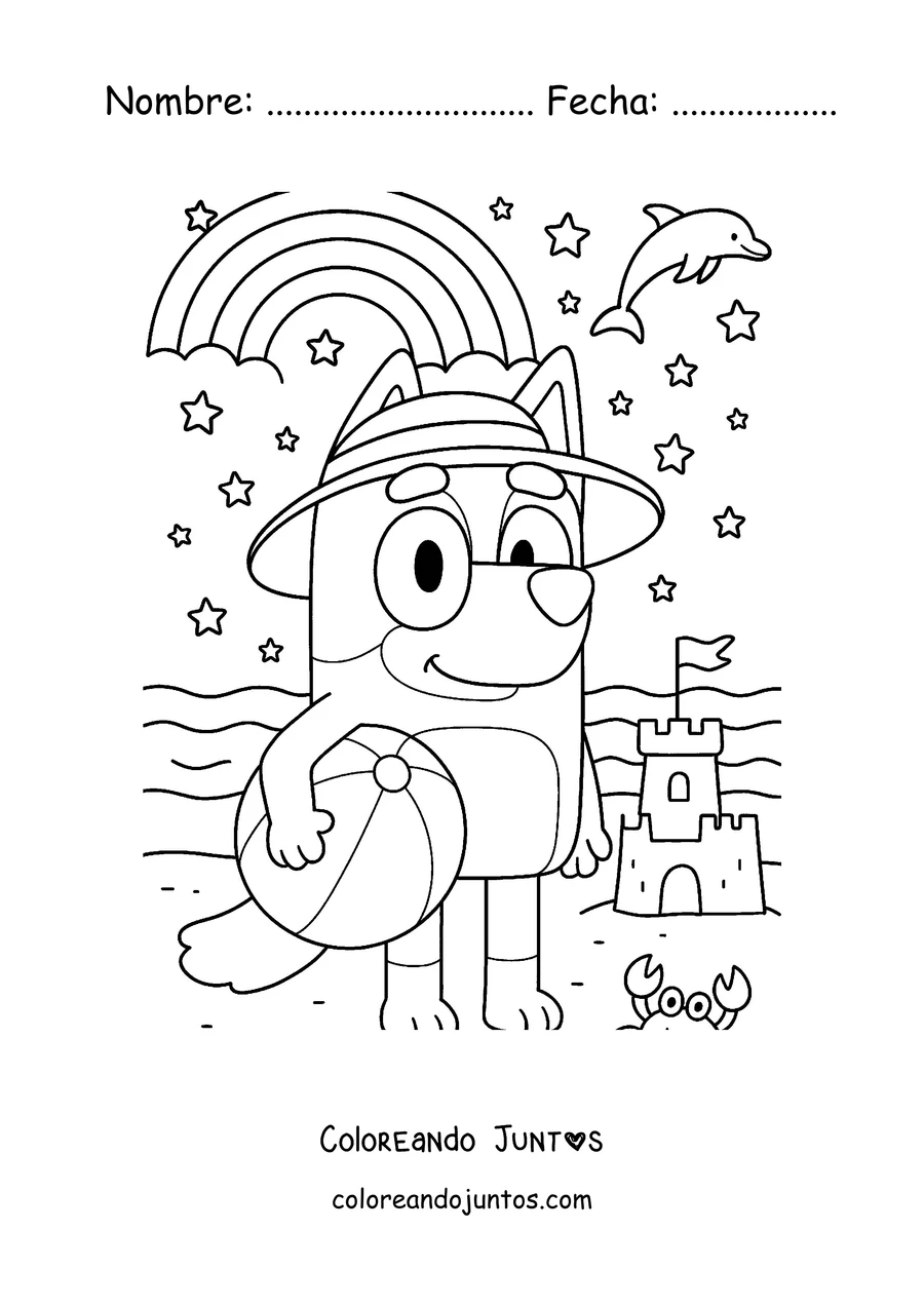 Imagen para colorear de Bluey en la playa con una pelota