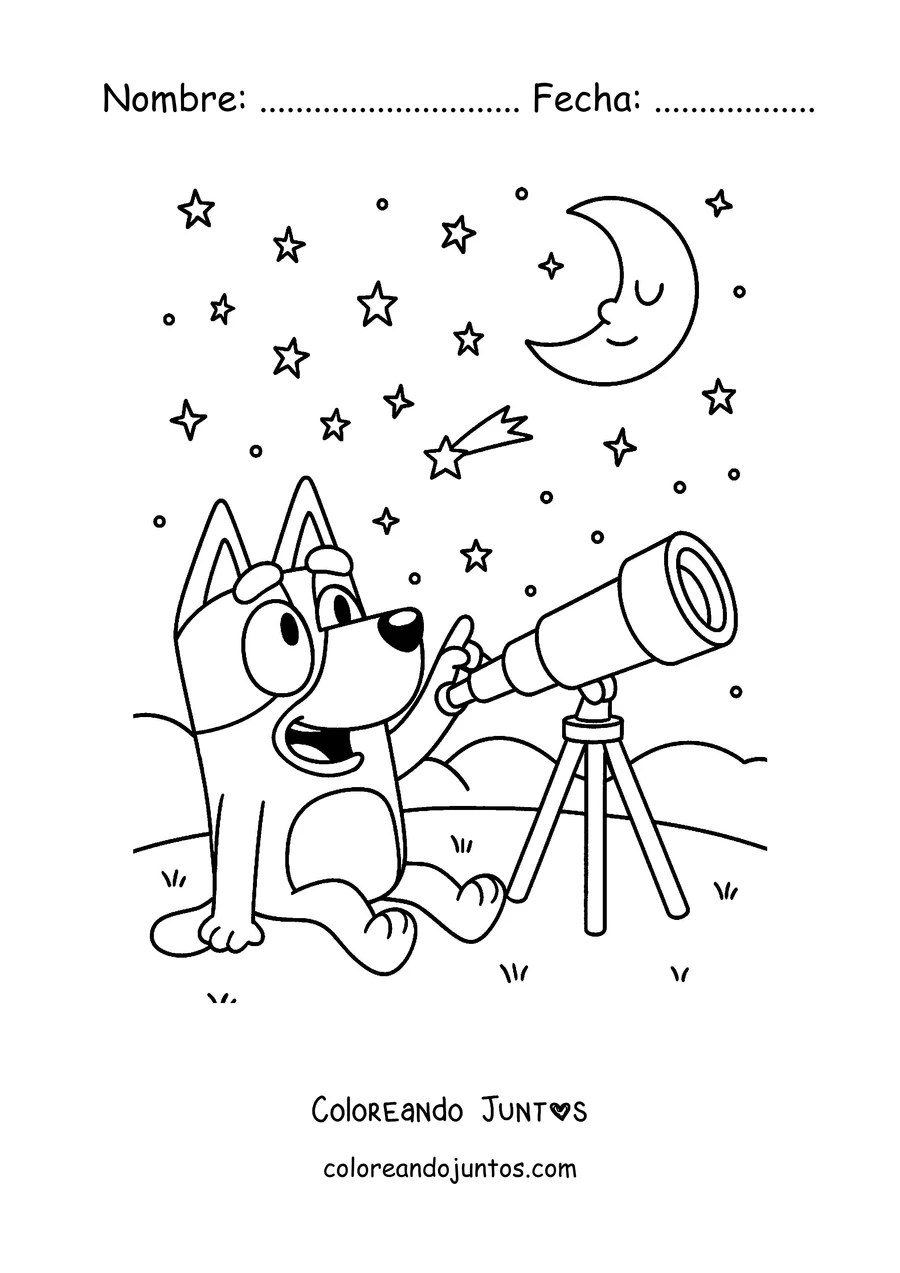 Imagen para colorear de Bluey observando el cielo con un telescopio