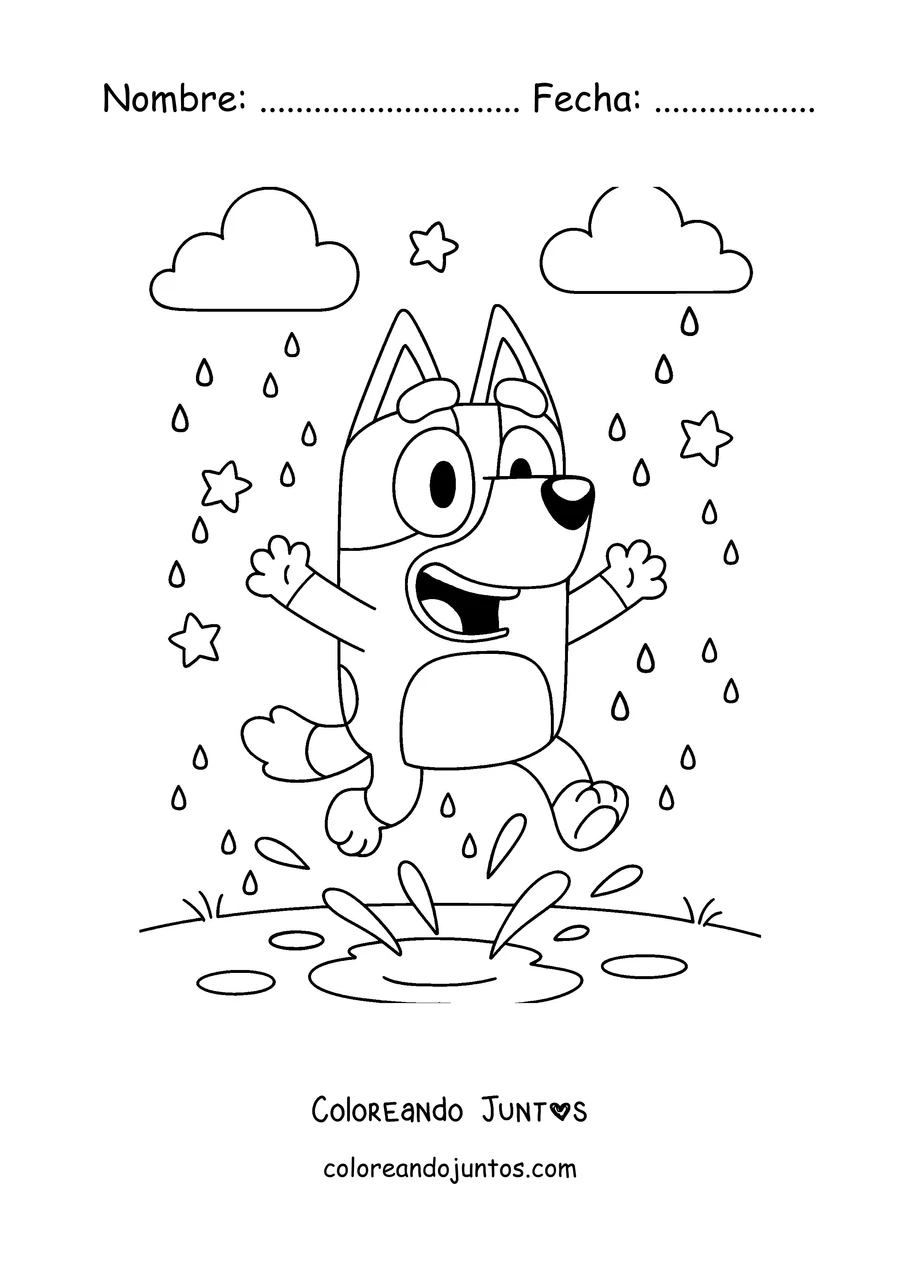 Imagen para colorear de Bluey saltando en un charco bajo la lluvia