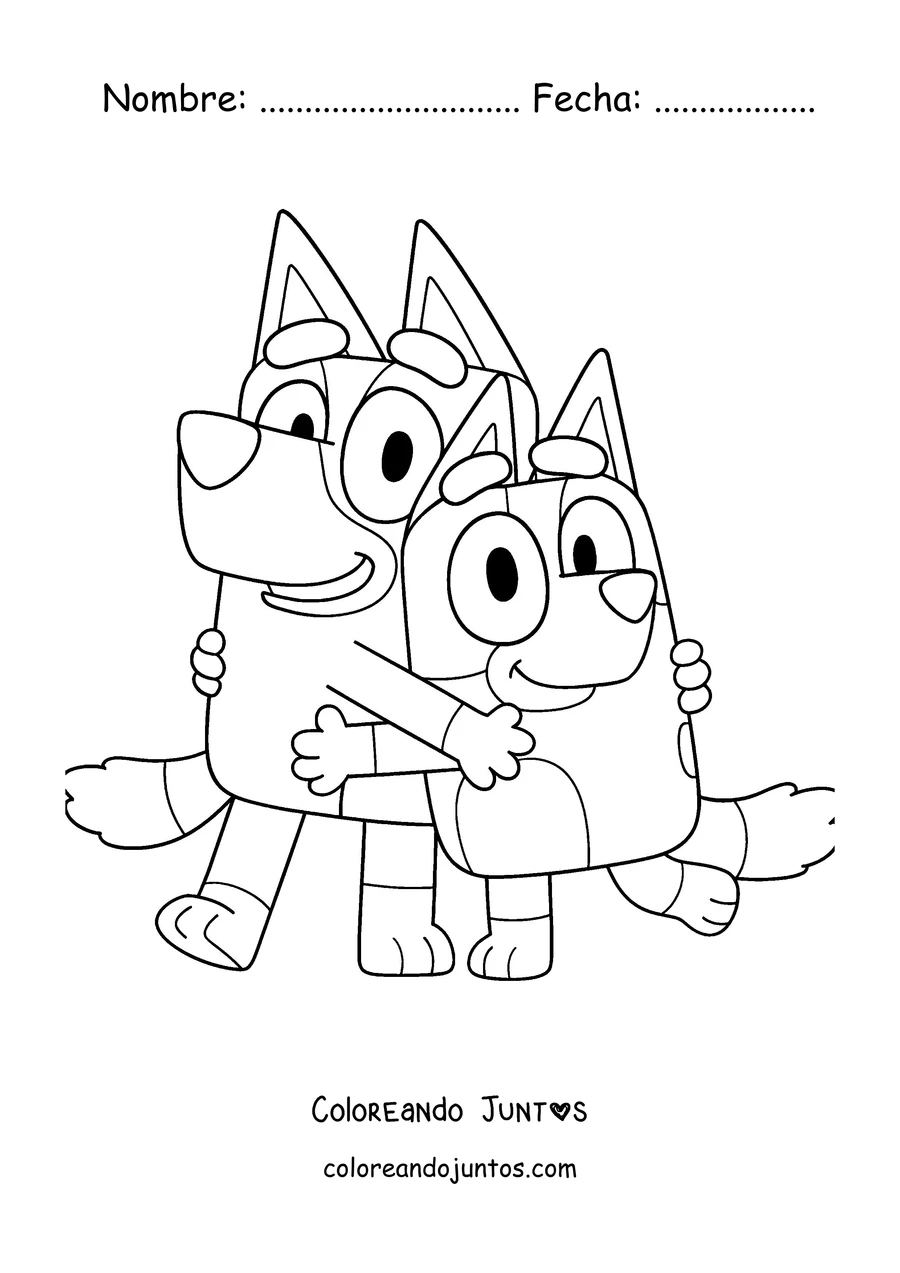 Imagen para colorear de Bluey y Bingo dándose un abrazo