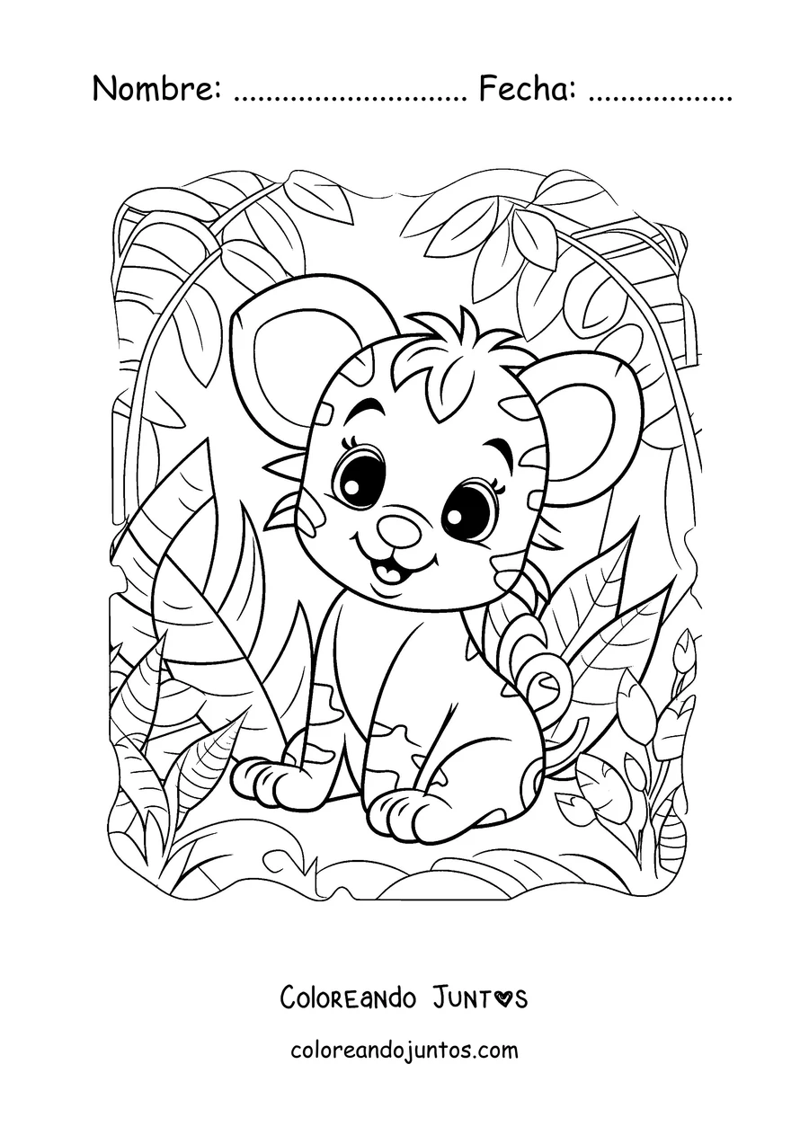 Imagen para colorear de un cachorro de tigre sonriente sentado en la selva