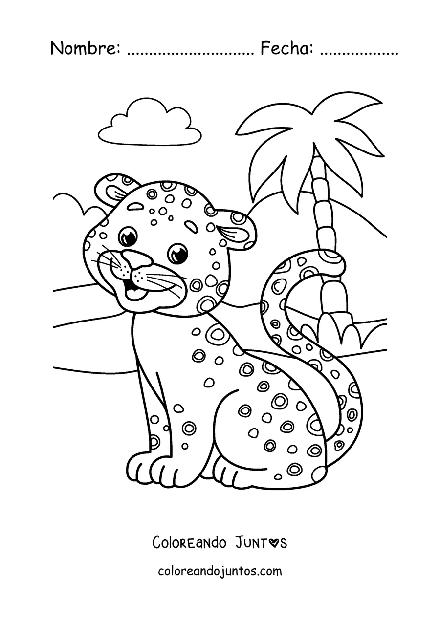 Imagen para colorear de un cachorro de guepardo junto a una palmera