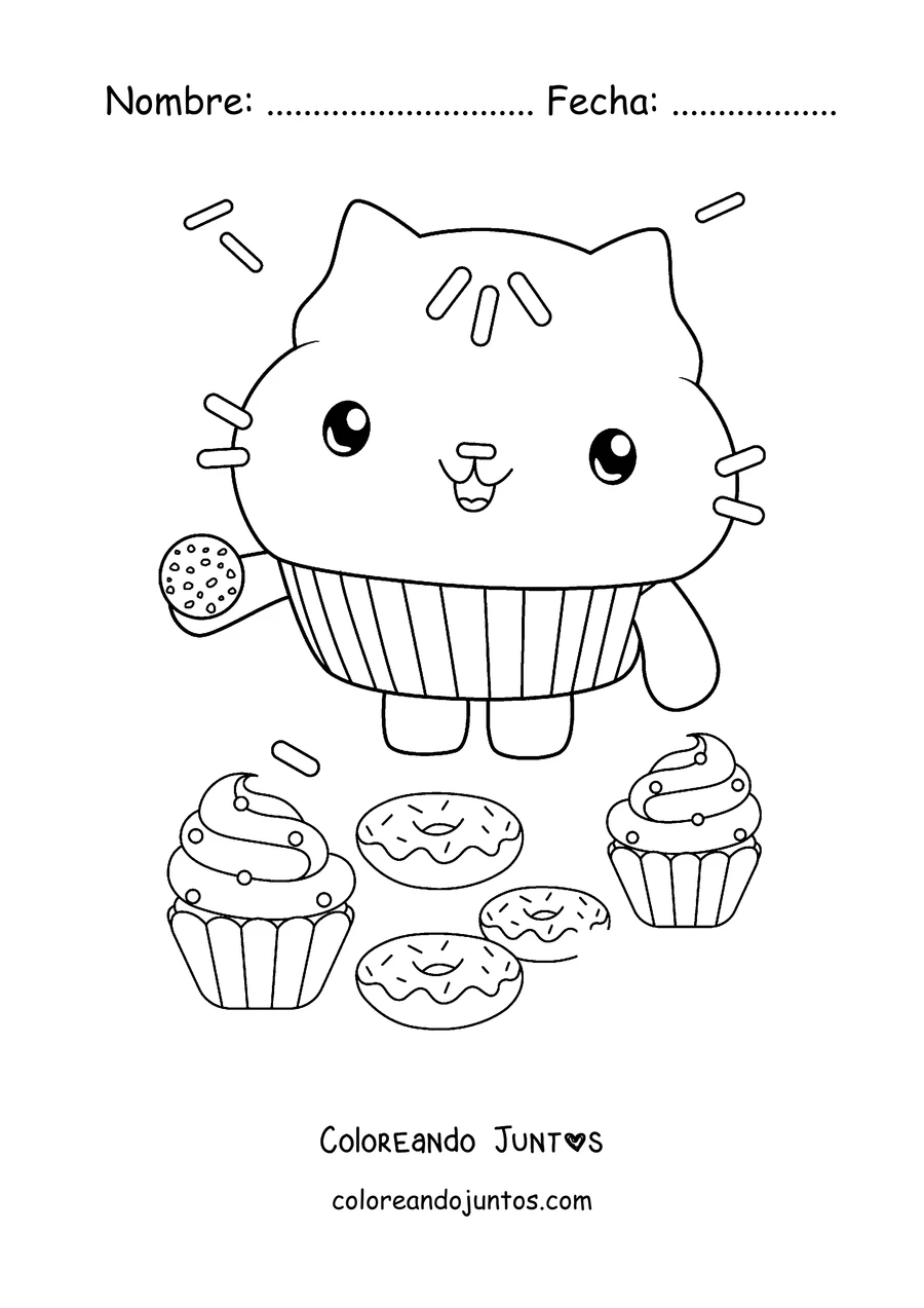Imagen para colorear de Cakey, el gato pastelito, con cupcakes y donas