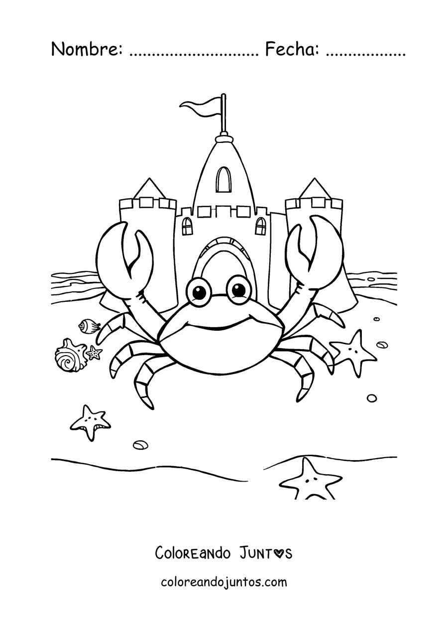 Imagen para colorear de un cangrejo en la playa junto a un castillo de arena