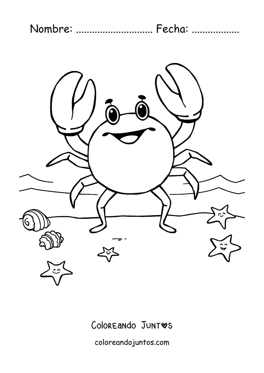 Imagen para colorear de un cangrejo sonriente parado entre estrellas de mar