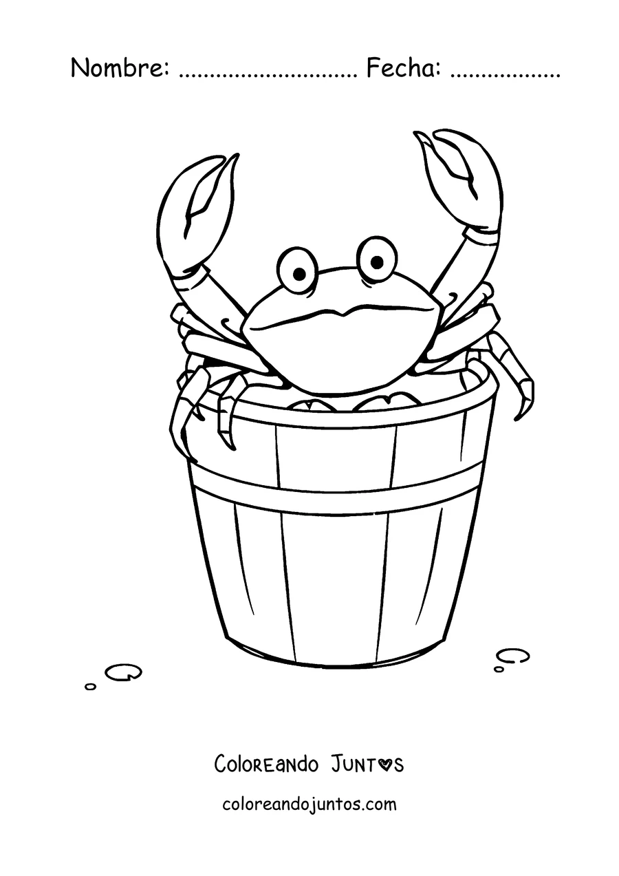 Imagen para colorear de un cangrejo saliendo de un balde de playa