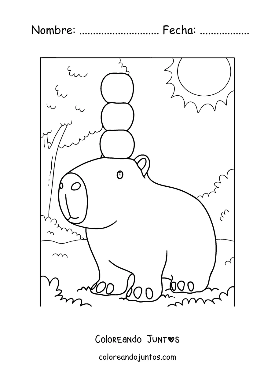 Imagen para colorear de un capibara bebé con manzanas sobre la cabeza