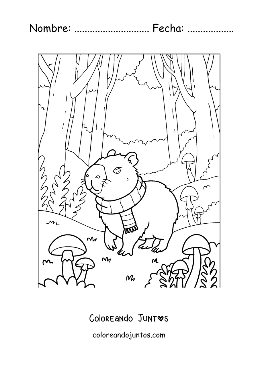 Imagen para colorear de un capibara con bufanda paseando por el bosque de otoño