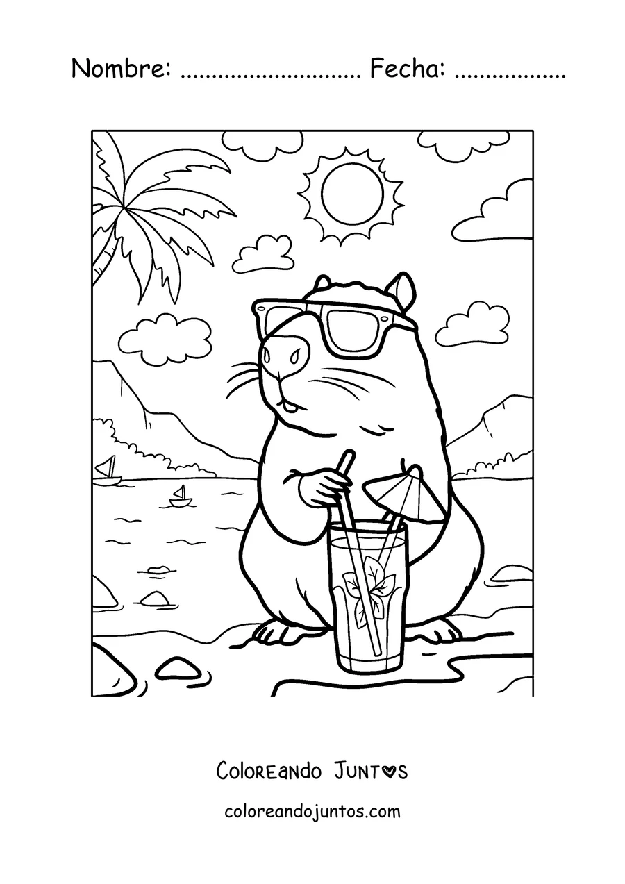 Imagen para colorear de un capibara con gafas de sol tomando limonada