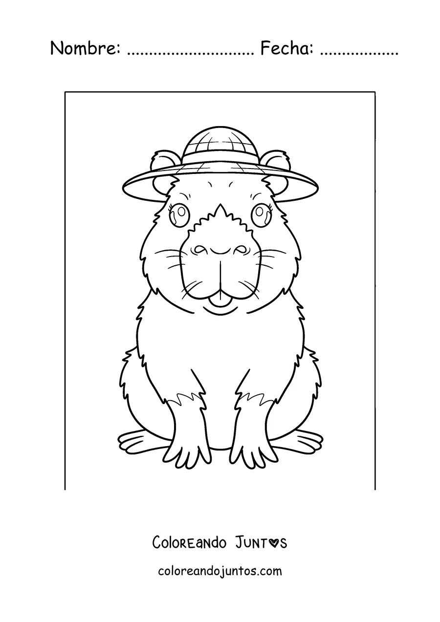Imagen para colorear de un capibara con sombrero de explorador