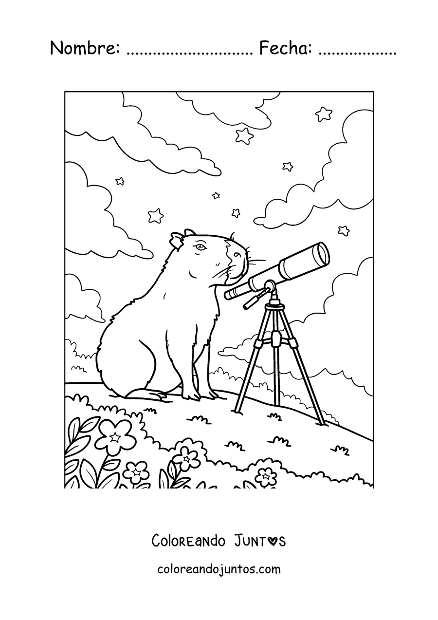 Imagen para colorear de un capibara mirando las estrellas con un telescopio