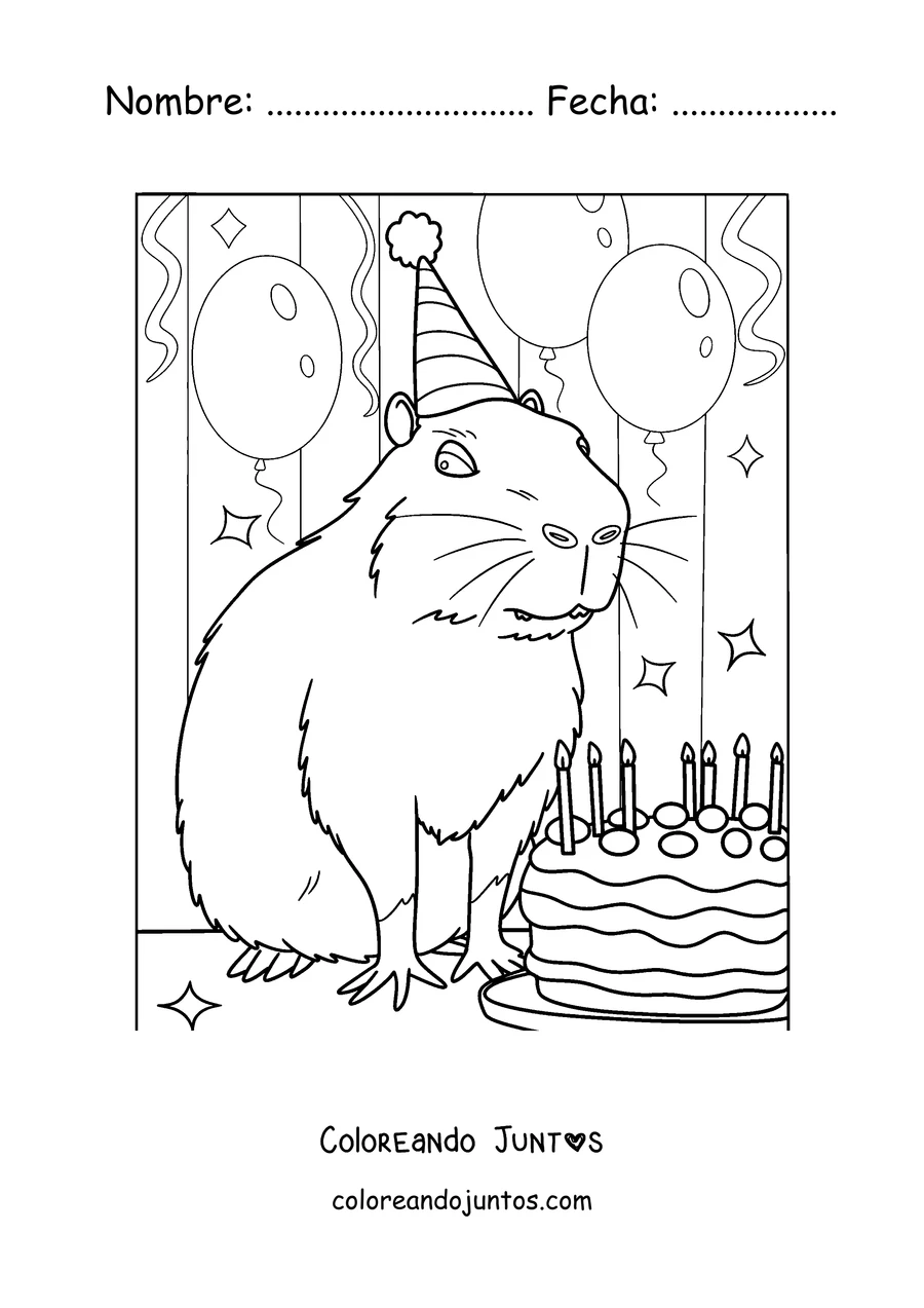 Imagen para colorear de un capibara soplando las velas de su torta de cumpleaños