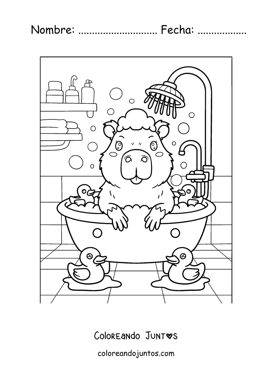 Imagen para colorear de un capibara en un baño de burbujas con patitos de goma