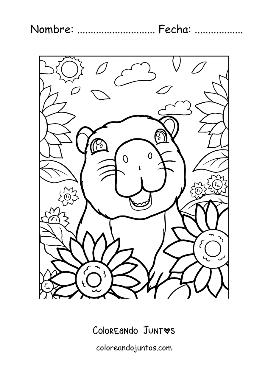 Imagen para colorear de un capibara entre girasoles