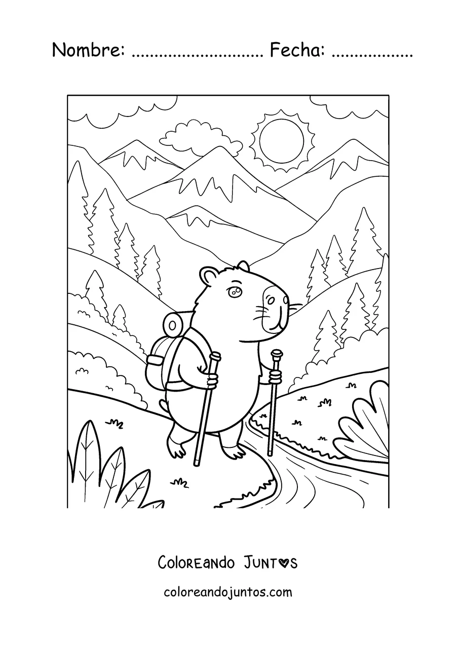 Imagen para colorear de un capibara excursionista con mochila en la montaña