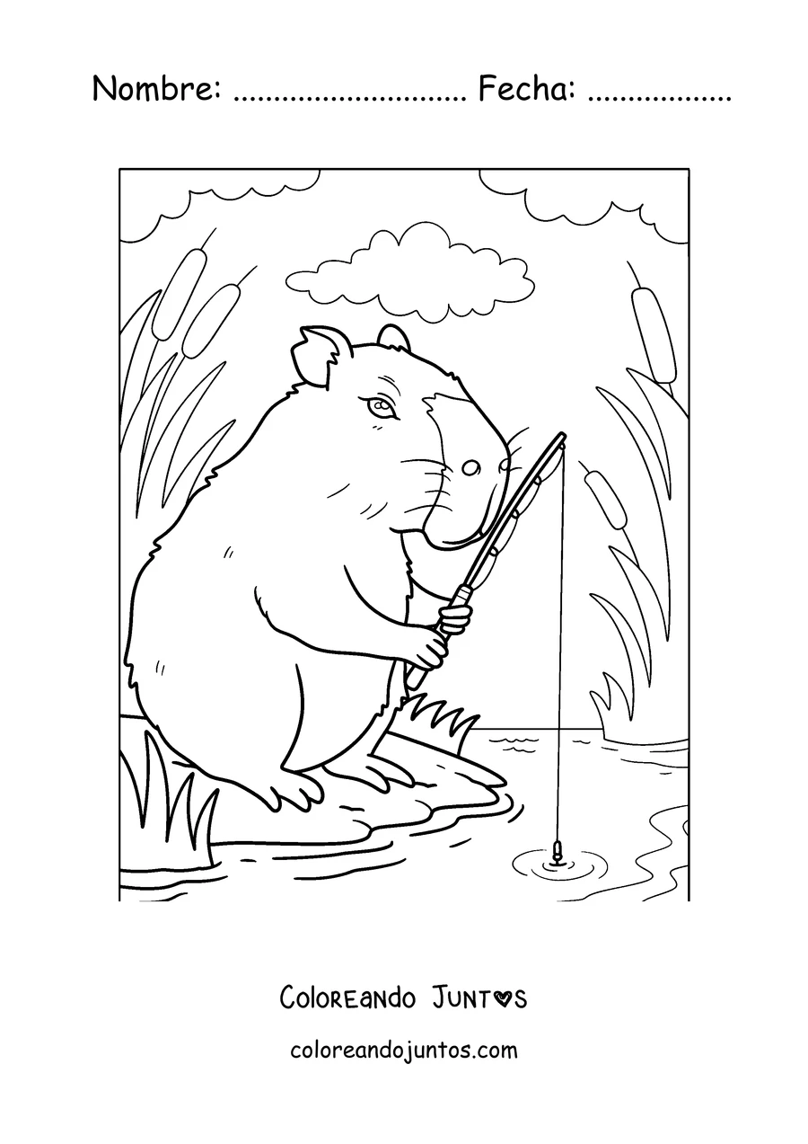 Imagen para colorear de un capibara pescando en la orilla del río